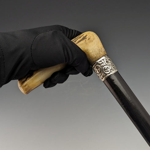 1894年 英国アンティーク 紳士用ステッキ 純銀装飾アントラーハンドル ブラックシャフト 84cm